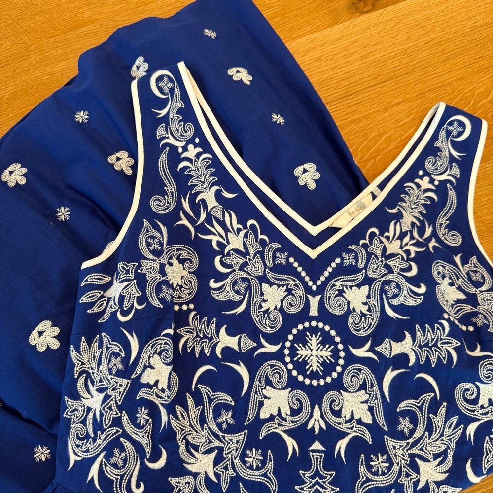 Boden Blue and White Embroidered Mini Dress